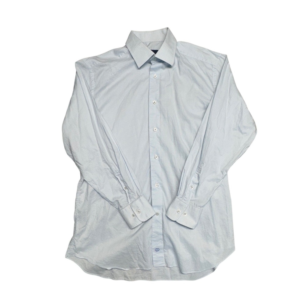David Donahue Mens 16 32/33 Blue White Micro Check Cotton Dress Shirt